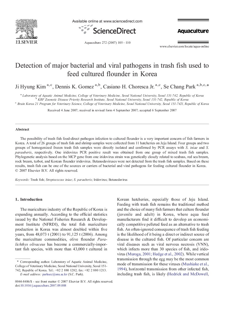 Detection of major bacterial and viral pathogens in trash fish used to feed cultured flounder in Korea