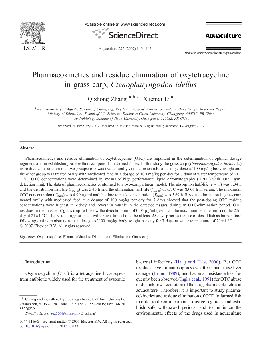 Pharmacokinetics and residue elimination of oxytetracycline in grass carp, Ctenopharyngodon idellus