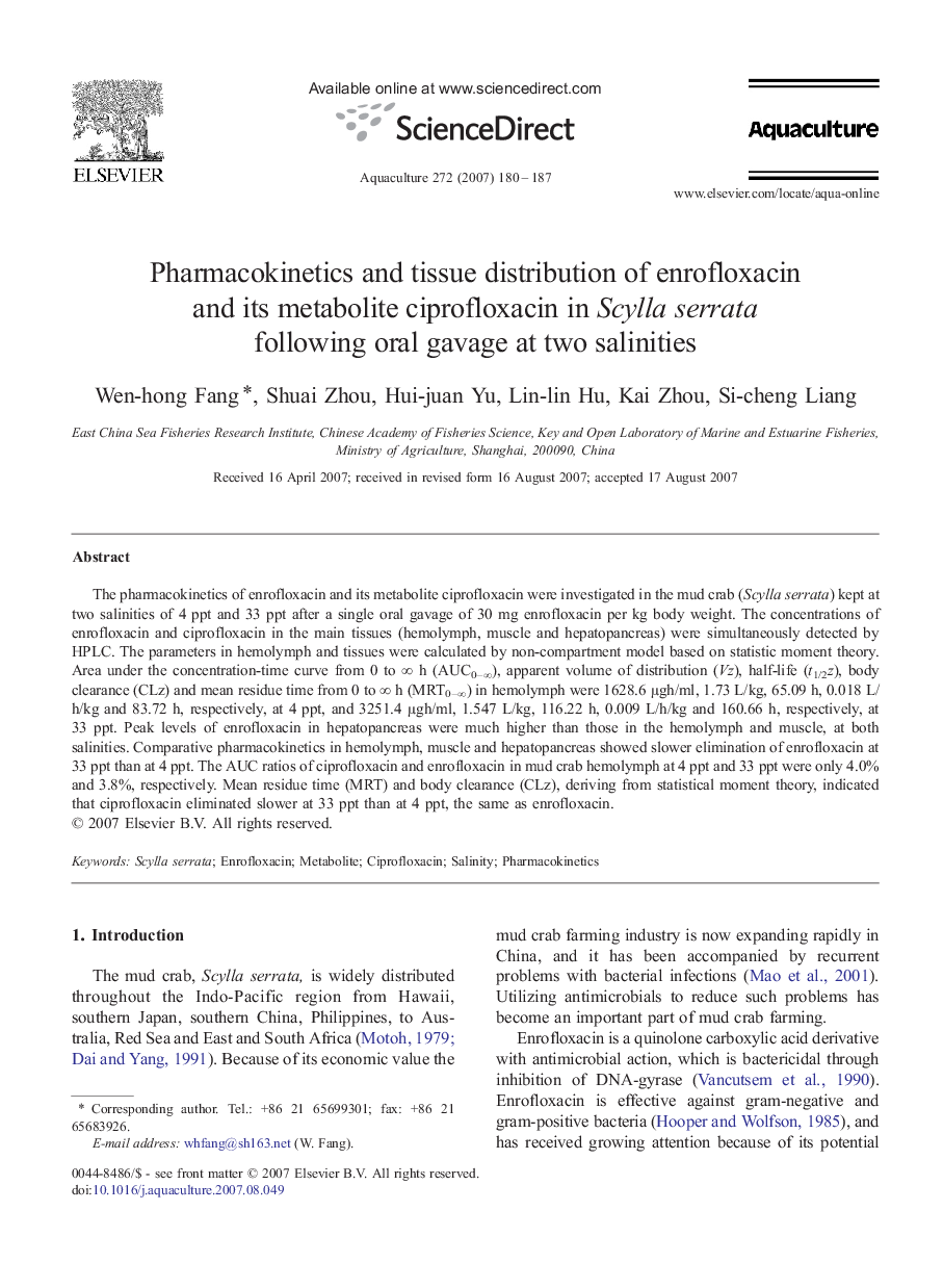 Pharmacokinetics and tissue distribution of enrofloxacin and its metabolite ciprofloxacin in Scylla serrata following oral gavage at two salinities