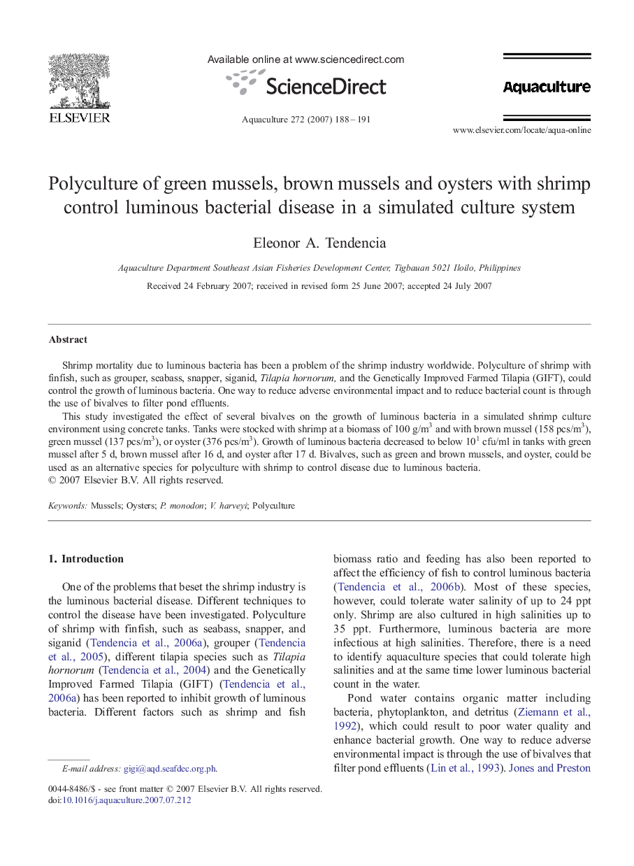 Polyculture of green mussels, brown mussels and oysters with shrimp control luminous bacterial disease in a simulated culture system