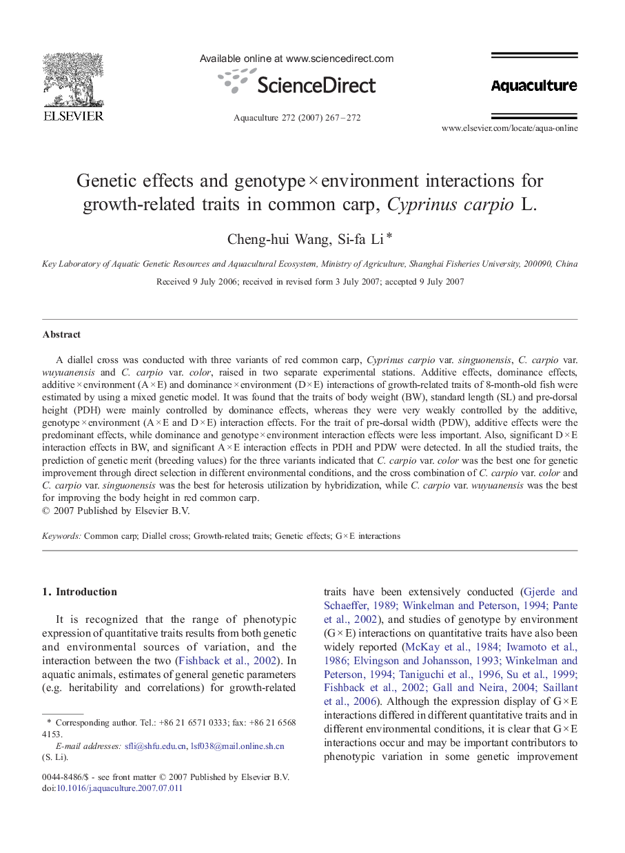 Genetic effects and genotypeÂ ÃÂ environment interactions for growth-related traits in common carp, Cyprinus carpio L.