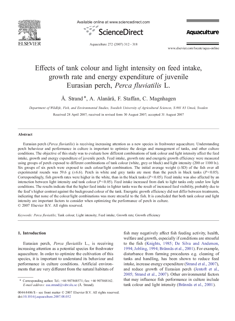 عکس صفحه اول مقاله: Effects of tank colour and light intensity on feed intake, growth rate and energy expenditure of juvenile Eurasian perch, Perca fluviatilis L. Effects of tank colour and light intensity on feed intake, growth rate and energy expenditure of juvenile Eurasian perch, Perca fluviatilis L.