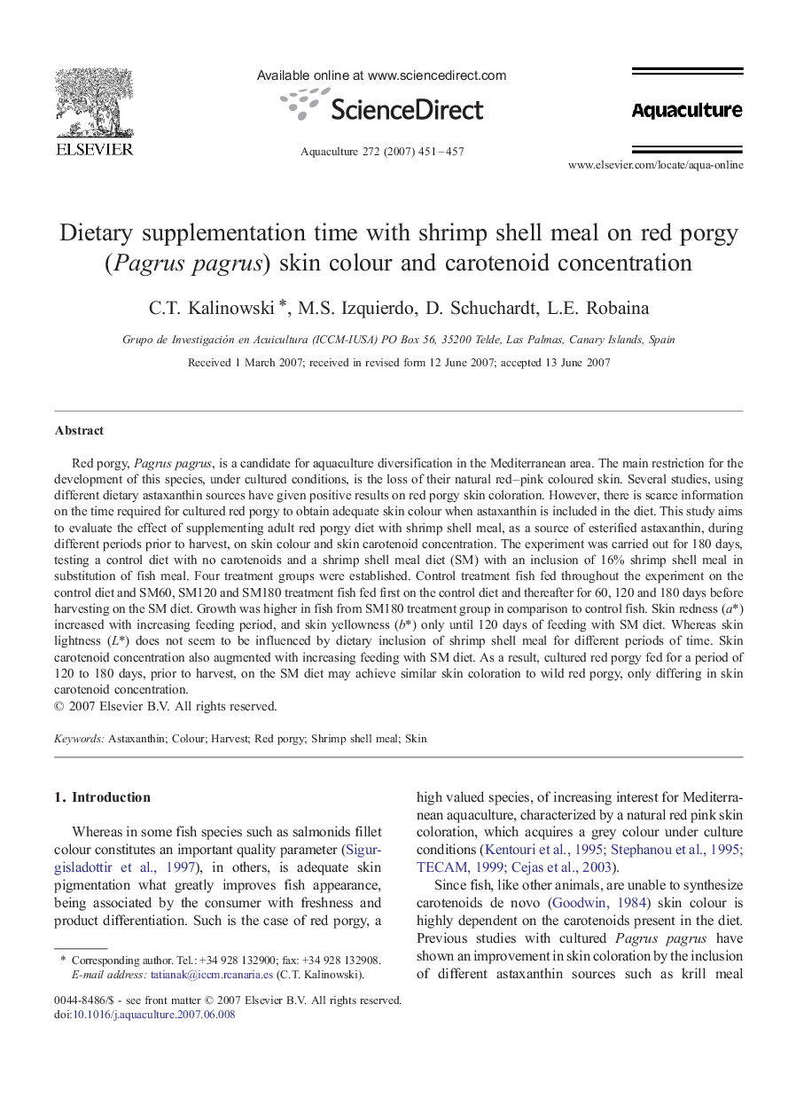 Dietary supplementation time with shrimp shell meal on red porgy (Pagrus pagrus) skin colour and carotenoid concentration