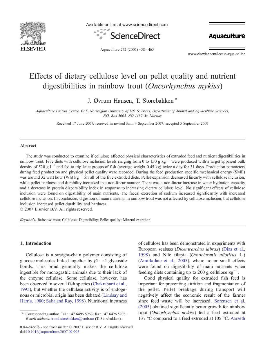 Effects of dietary cellulose level on pellet quality and nutrient digestibilities in rainbow trout (Oncorhynchus mykiss)