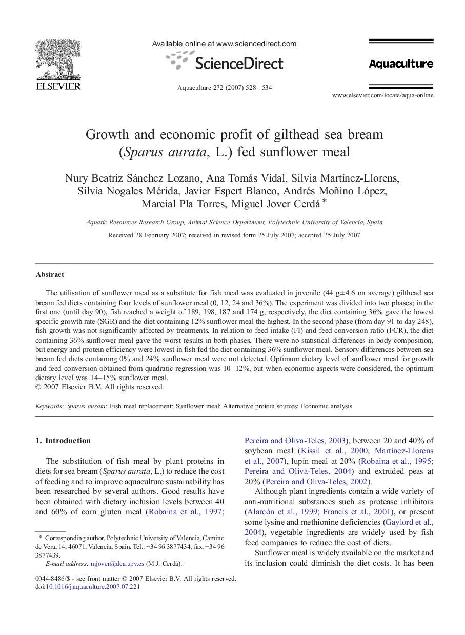 Growth and economic profit of gilthead sea bream (Sparus aurata, L.) fed sunflower meal