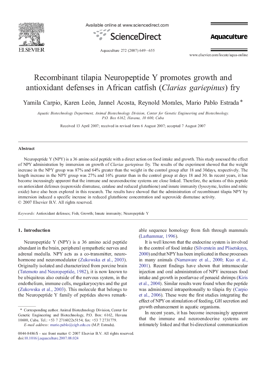 Recombinant tilapia Neuropeptide Y promotes growth and antioxidant defenses in African catfish (Clarias gariepinus) fry