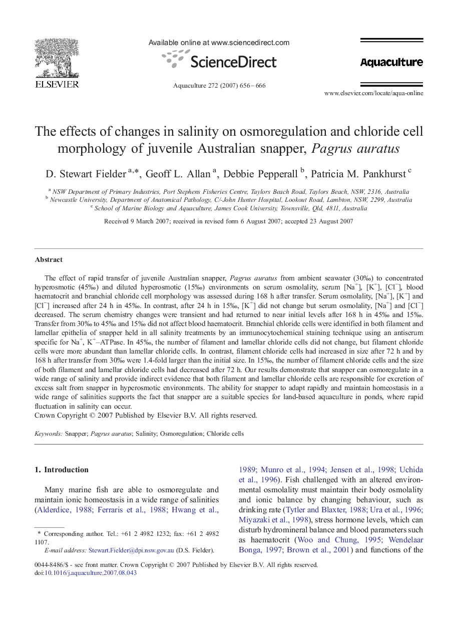 The effects of changes in salinity on osmoregulation and chloride cell morphology of juvenile Australian snapper, Pagrus auratus