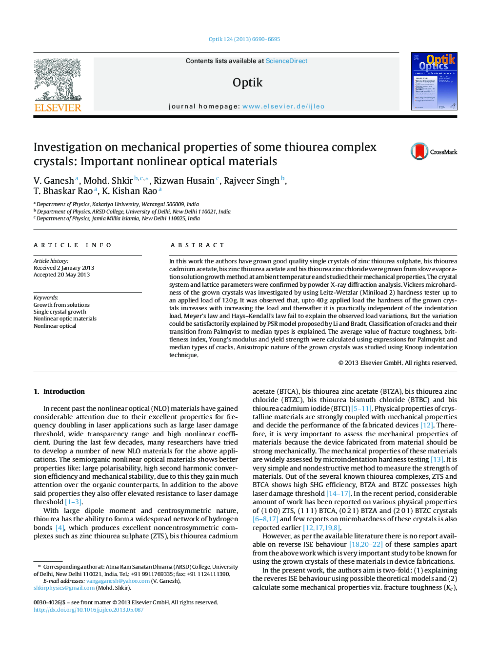 Investigation on mechanical properties of some thiourea complex crystals: Important nonlinear optical materials