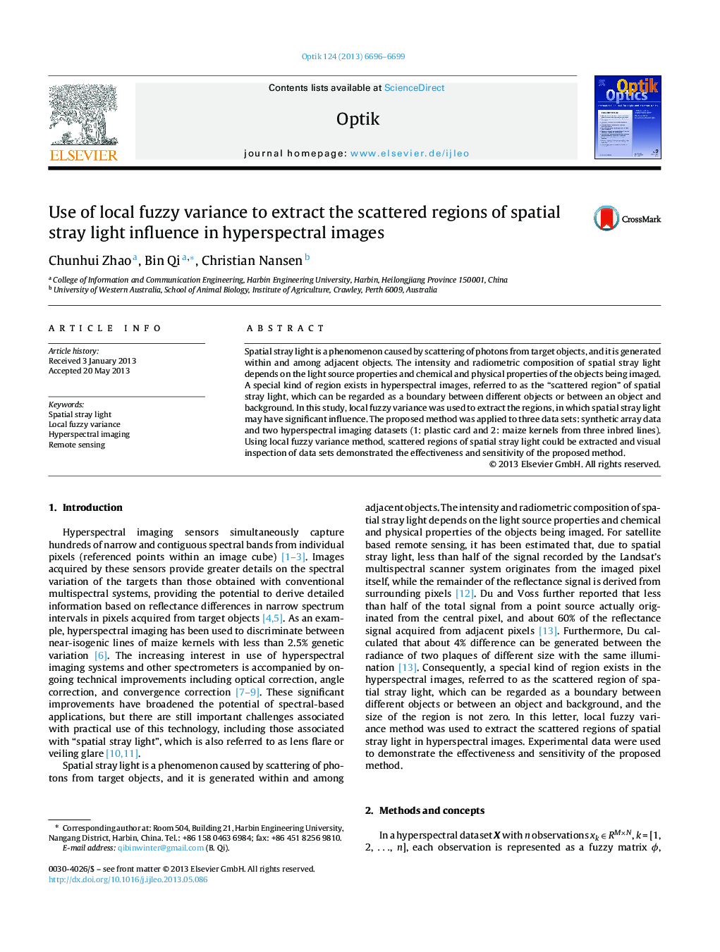 Use of local fuzzy variance to extract the scattered regions of spatial stray light influence in hyperspectral images
