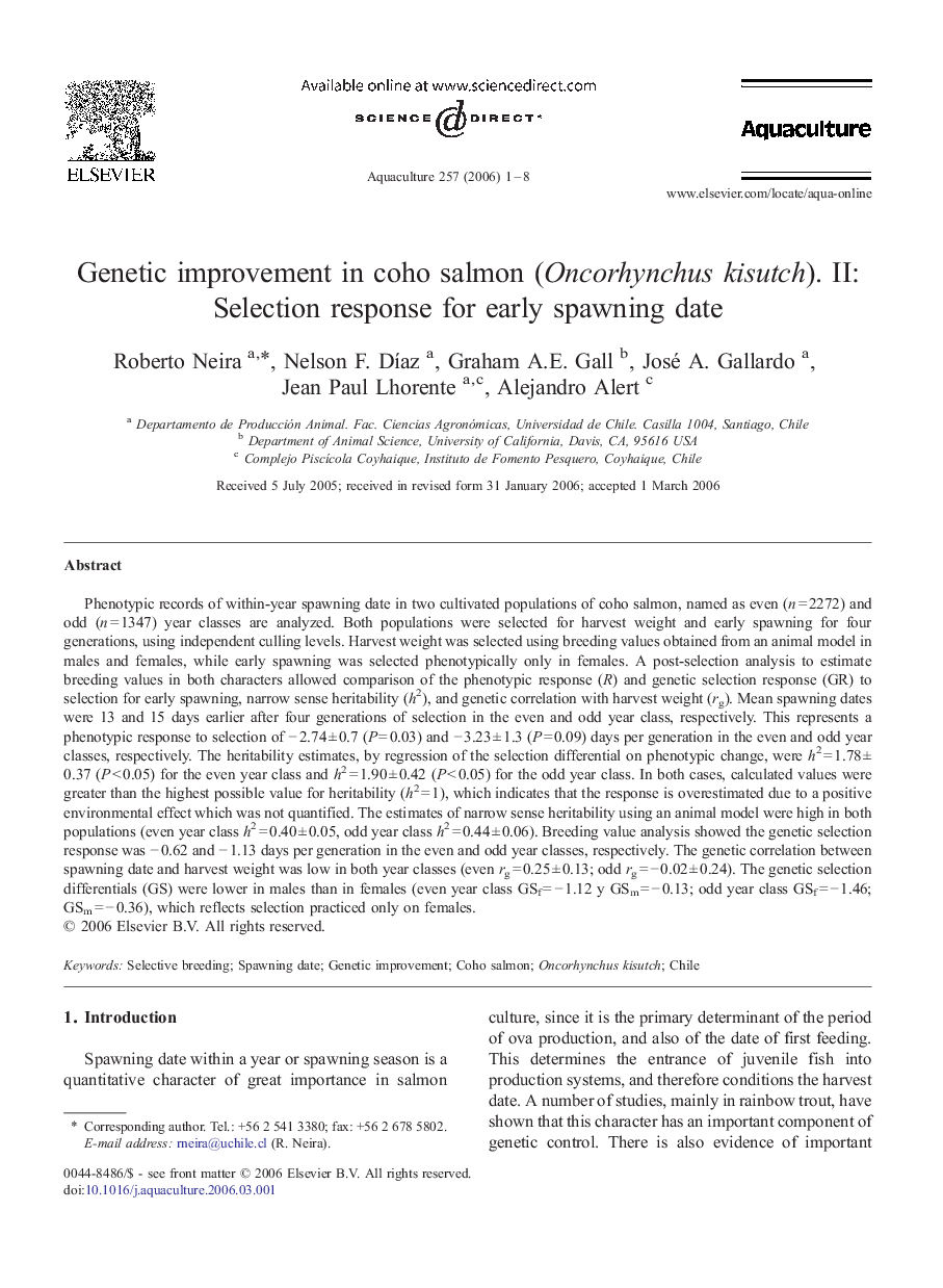 Genetic improvement in coho salmon (Oncorhynchus kisutch). II: Selection response for early spawning date