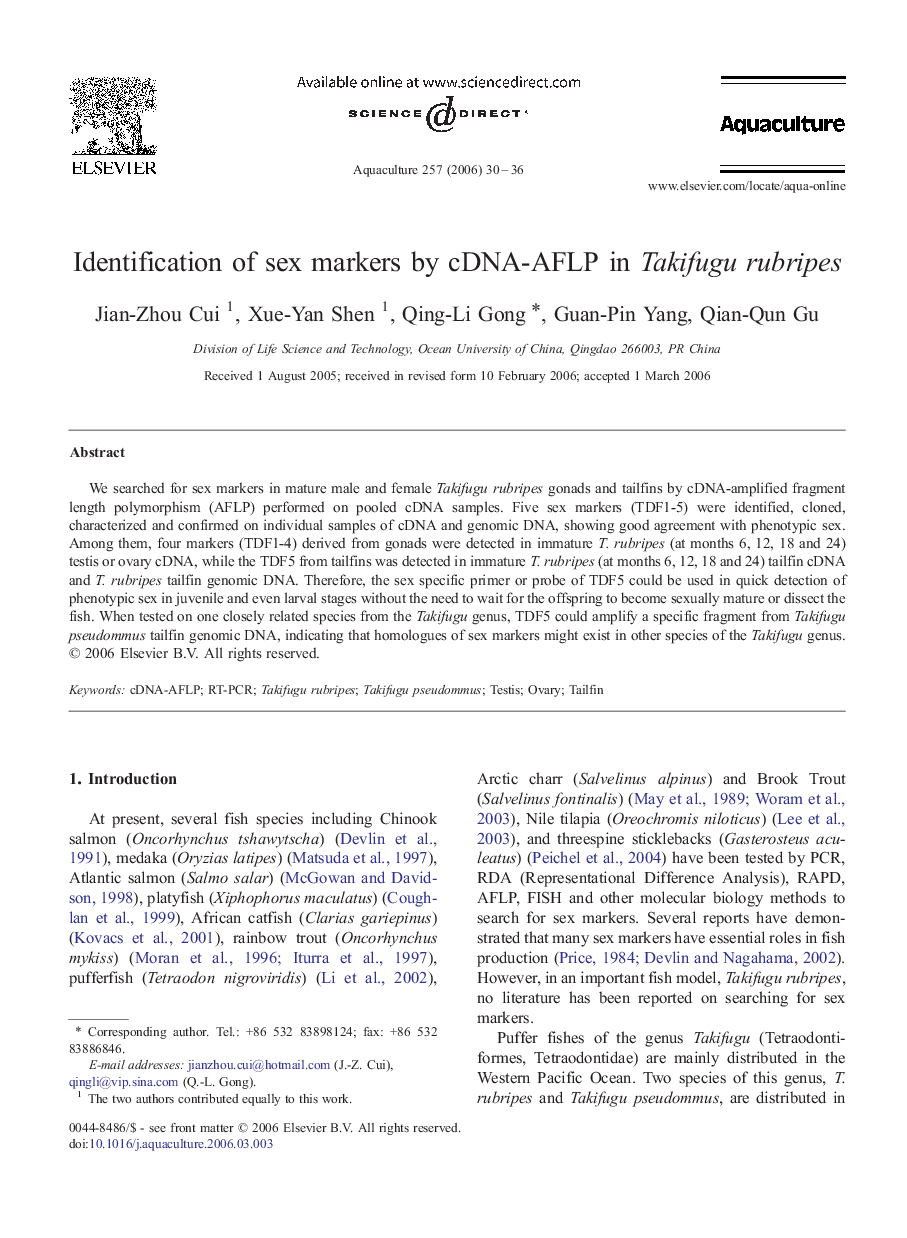 Identification of sex markers by cDNA-AFLP in Takifugu rubripes