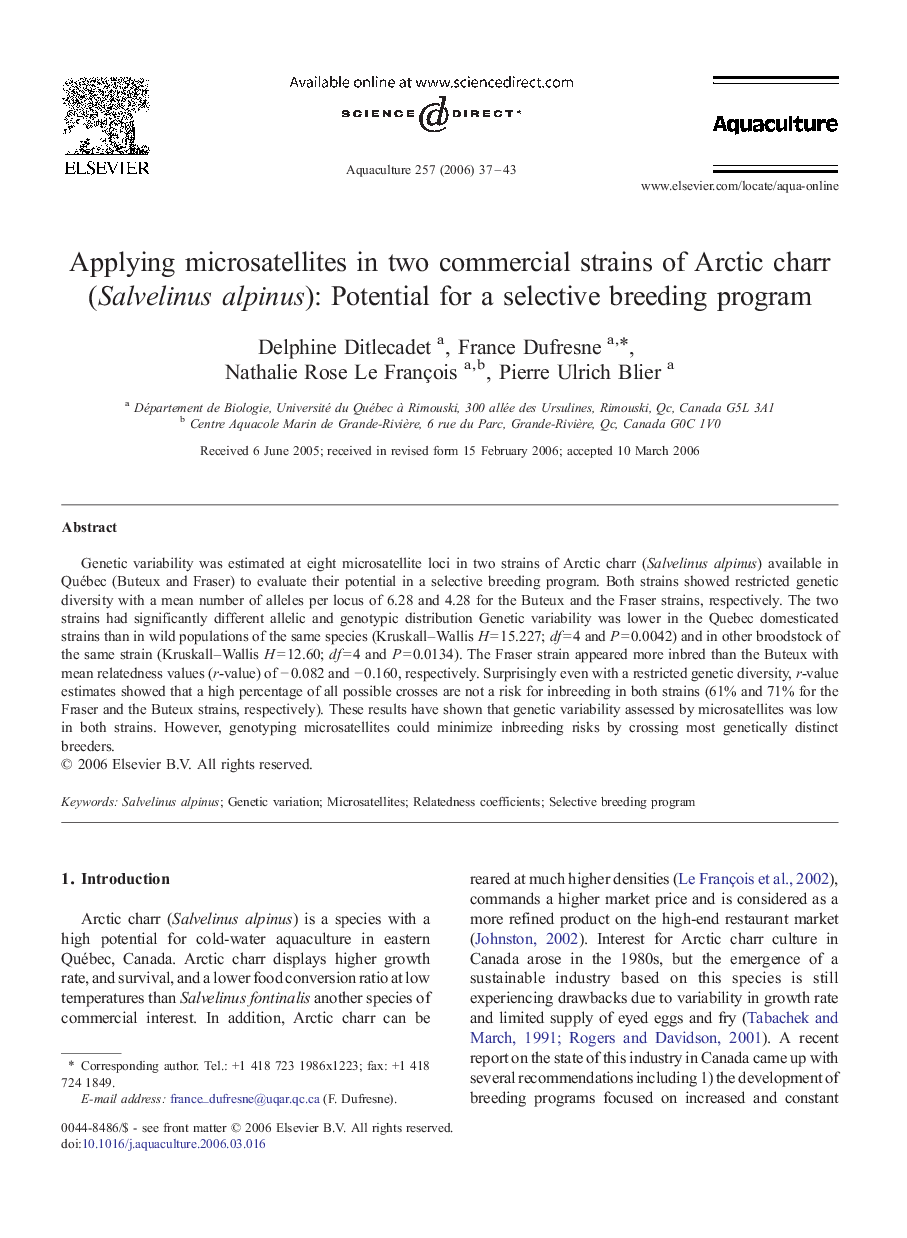 Applying microsatellites in two commercial strains of Arctic charr (Salvelinus alpinus): Potential for a selective breeding program