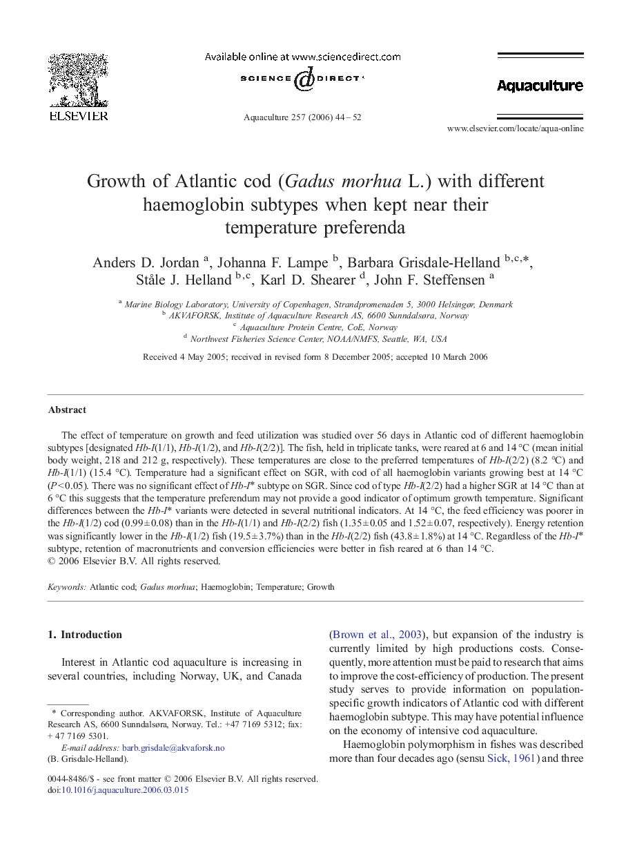 Growth of Atlantic cod (Gadus morhua L.) with different haemoglobin subtypes when kept near their temperature preferenda