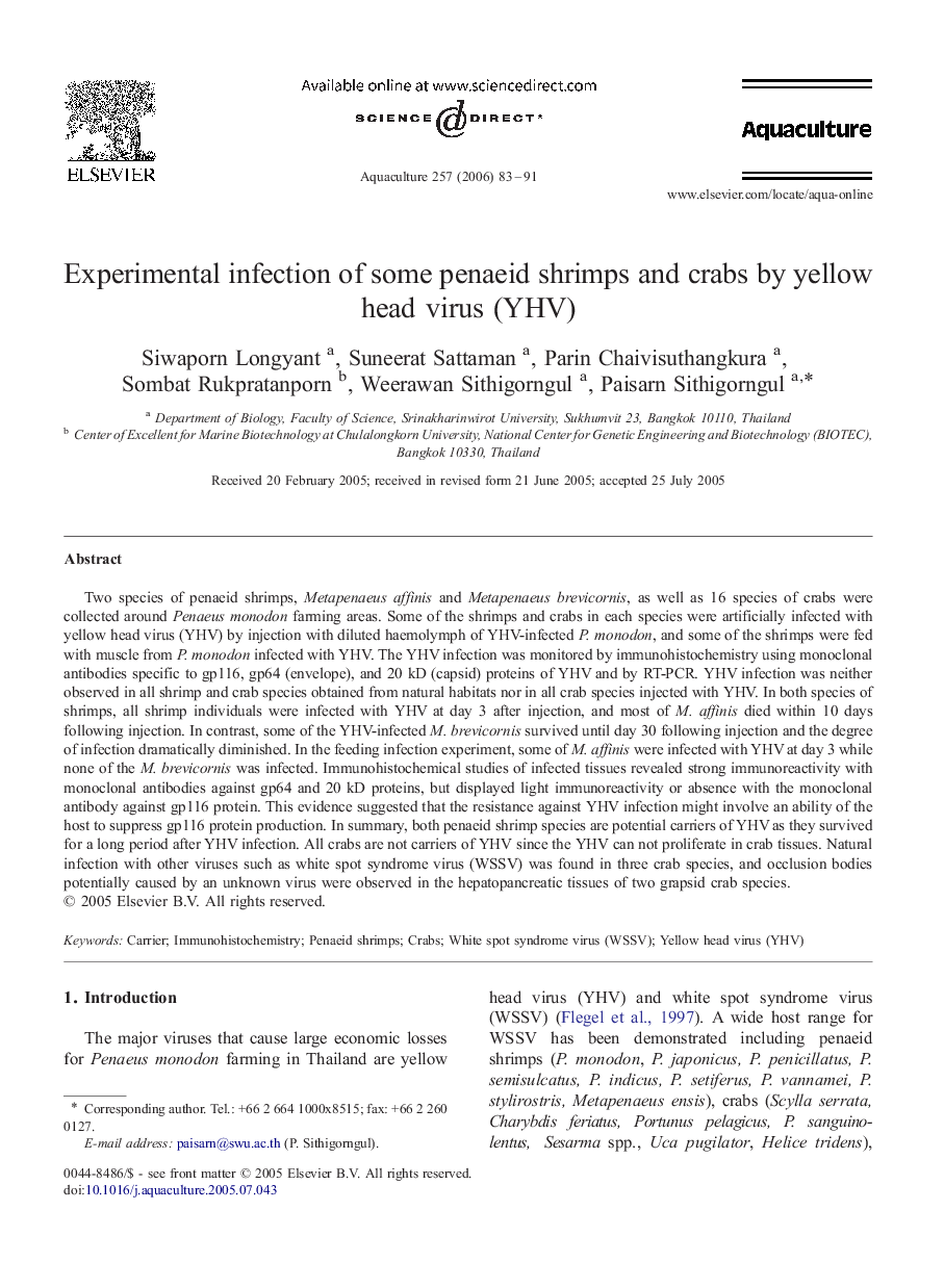 Experimental infection of some penaeid shrimps and crabs by yellow head virus (YHV)