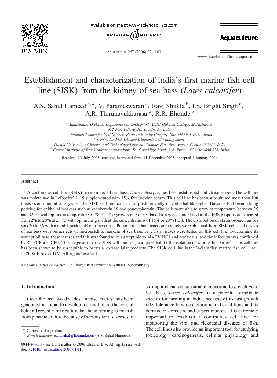 Establishment and characterization of India's first marine fish cell line (SISK) from the kidney of sea bass (Lates calcarifer)