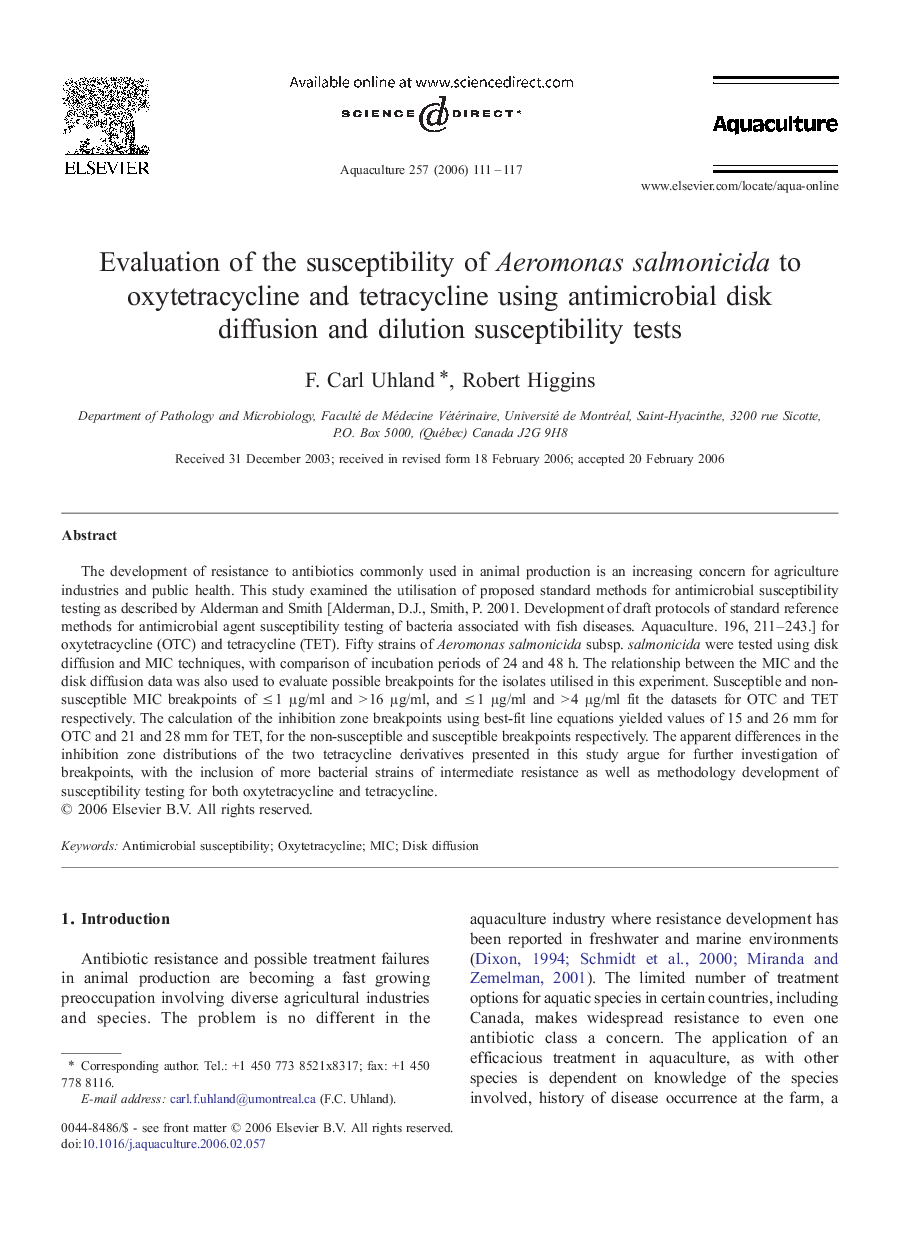 Evaluation of the susceptibility of Aeromonas salmonicida to oxytetracycline and tetracycline using antimicrobial disk diffusion and dilution susceptibility tests