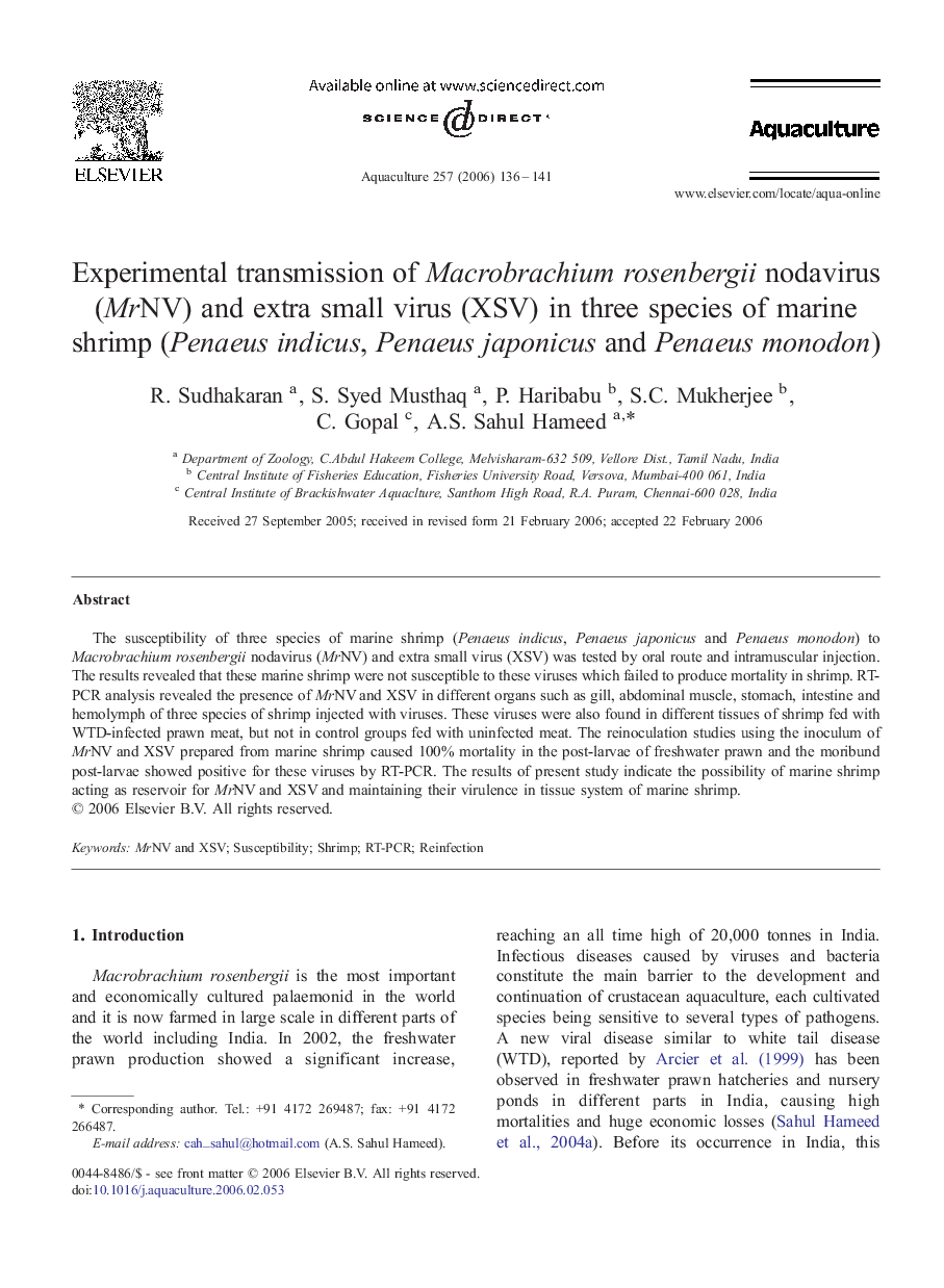 Experimental transmission of Macrobrachium rosenbergii nodavirus (MrNV) and extra small virus (XSV) in three species of marine shrimp (Penaeus indicus, Penaeus japonicus and Penaeus monodon)