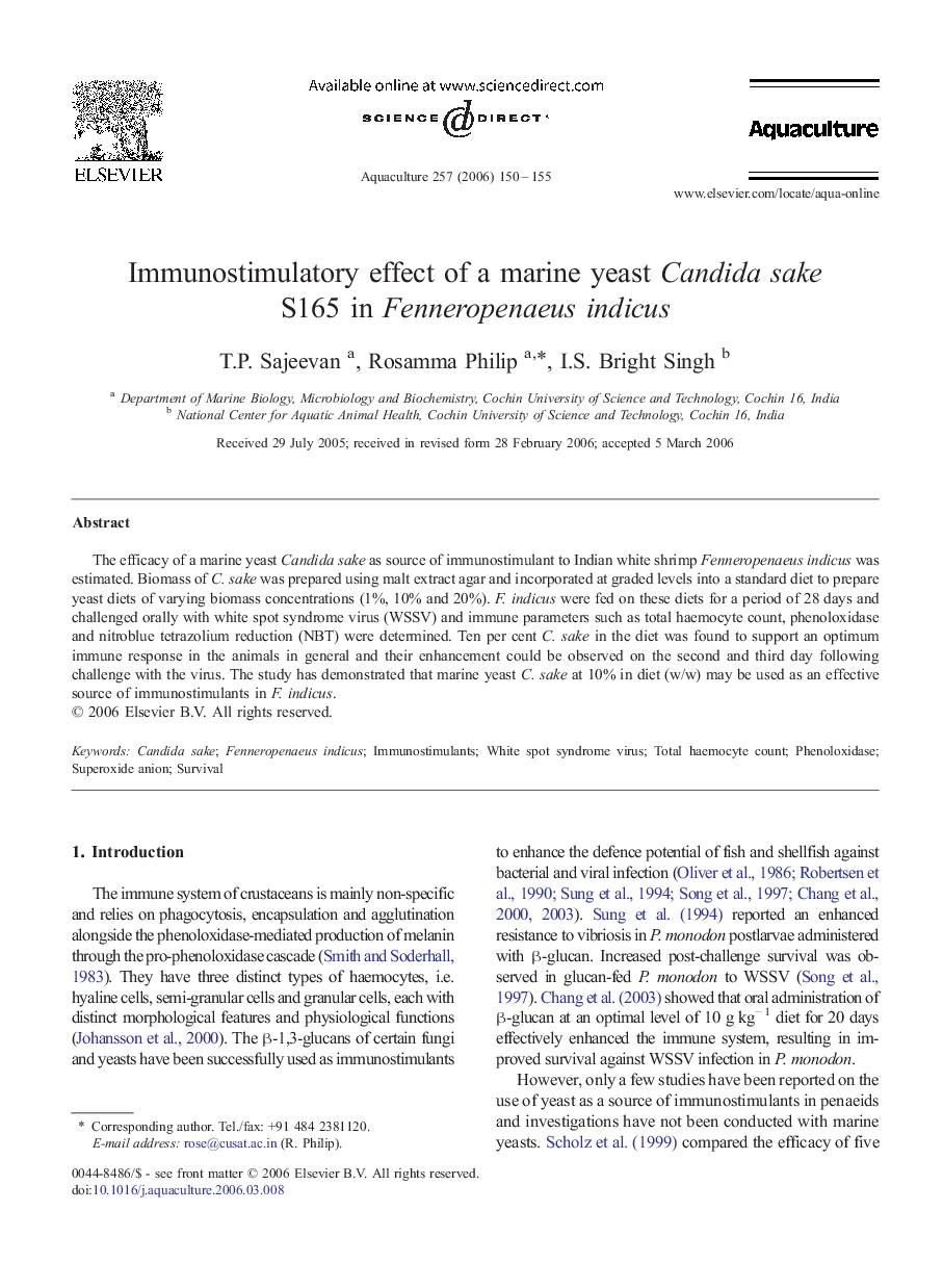 Immunostimulatory effect of a marine yeast Candida sake S165 in Fenneropenaeus indicus