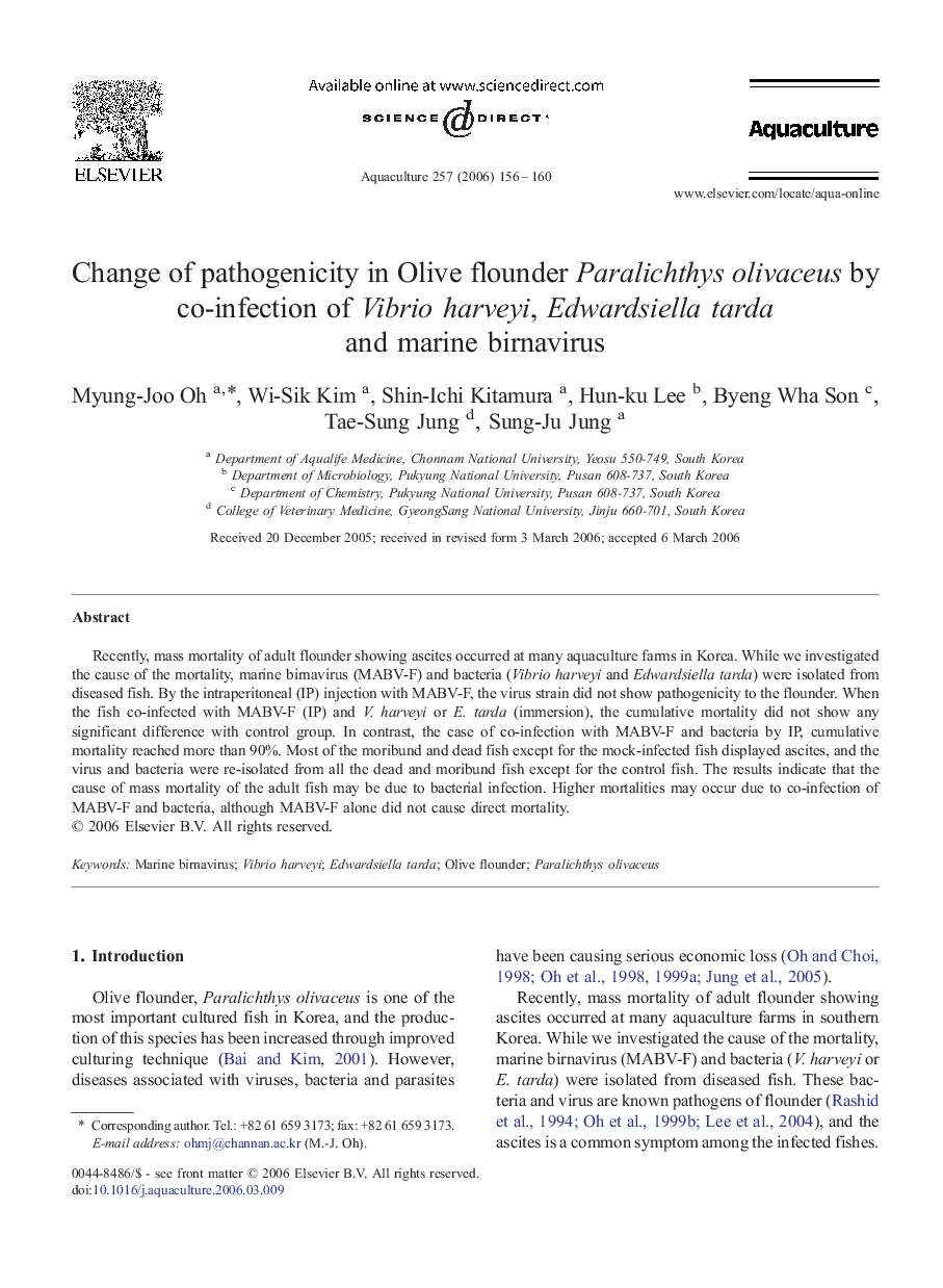 Change of pathogenicity in Olive flounder Paralichthys olivaceus by co-infection of Vibrio harveyi, Edwardsiella tarda and marine birnavirus