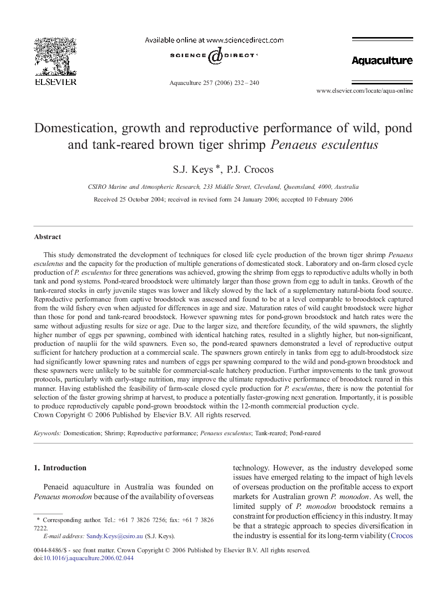 Domestication, growth and reproductive performance of wild, pond and tank-reared brown tiger shrimp Penaeus esculentus