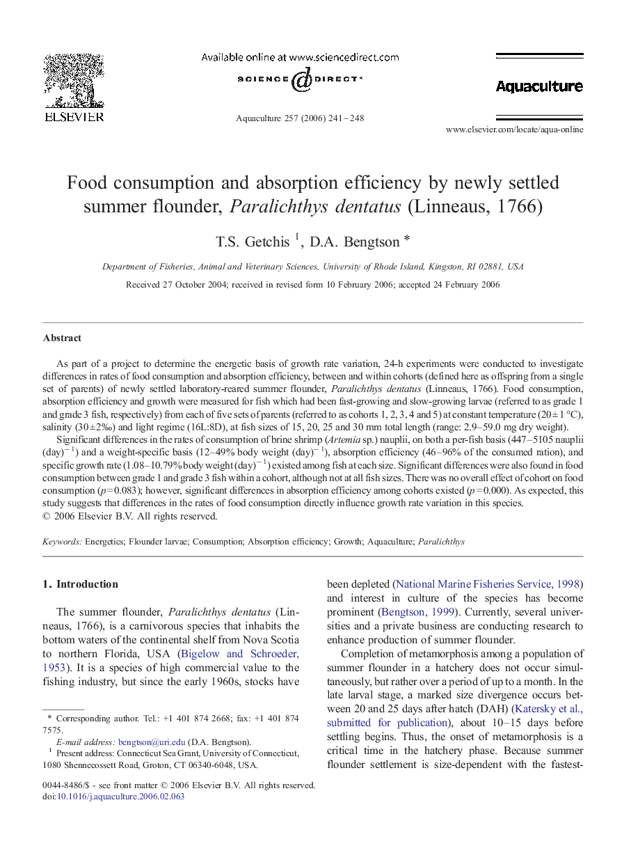 Food consumption and absorption efficiency by newly settled summer flounder, Paralichthys dentatus (Linneaus, 1766)