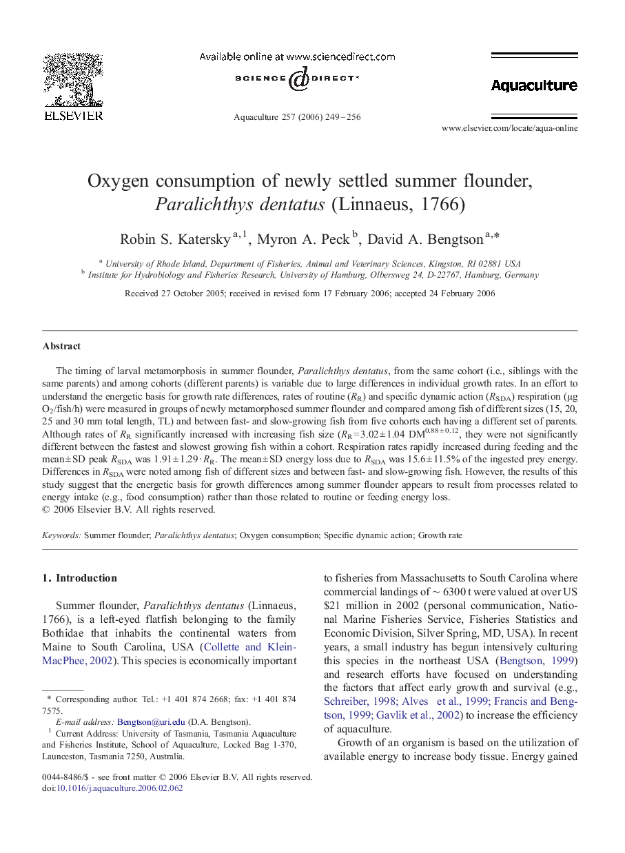 Oxygen consumption of newly settled summer flounder, Paralichthys dentatus (Linnaeus, 1766)