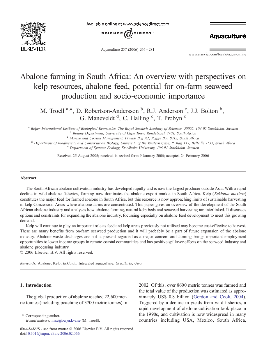 Abalone farming in South Africa: An overview with perspectives on kelp resources, abalone feed, potential for on-farm seaweed production and socio-economic importance