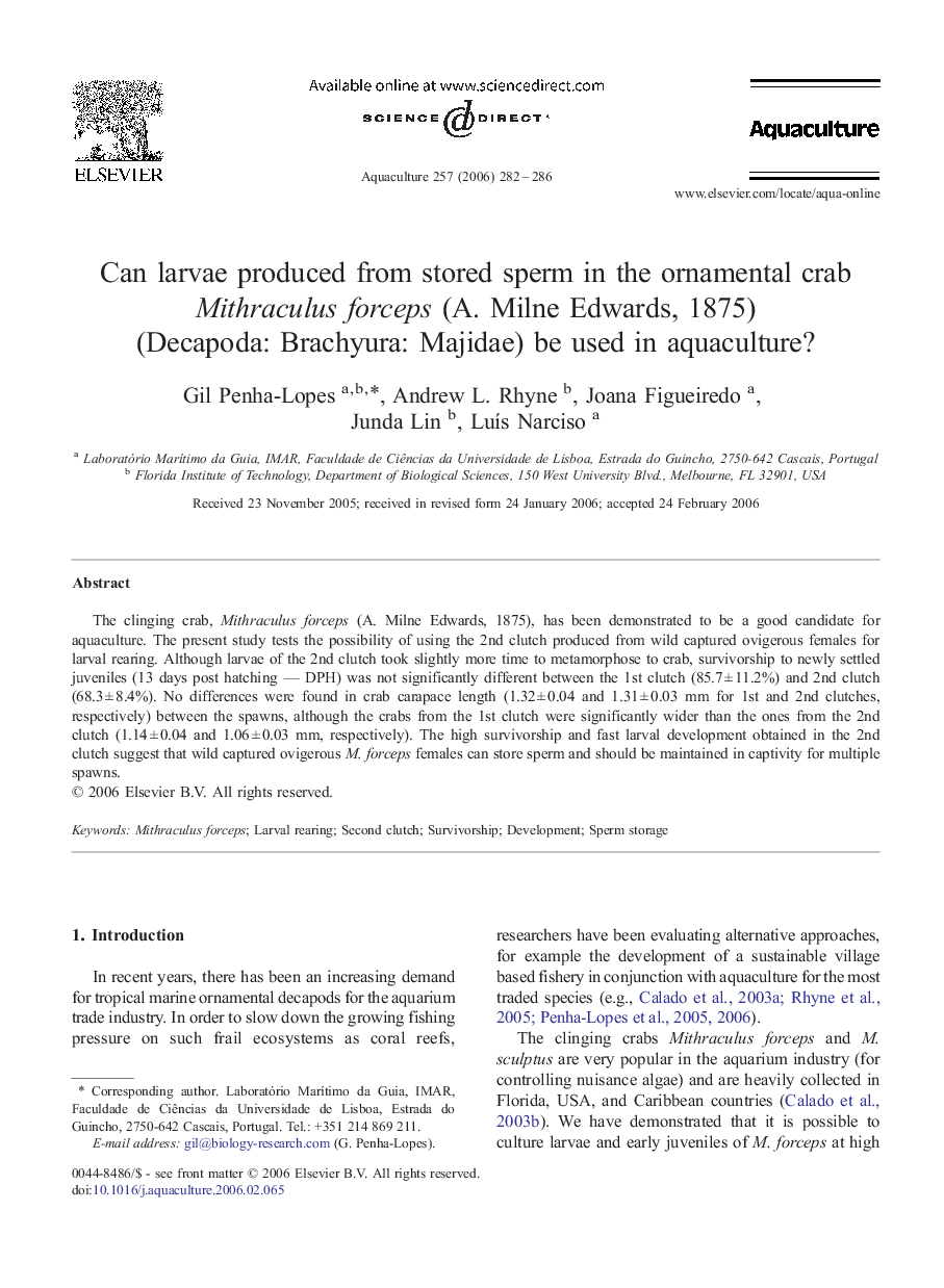 Can larvae produced from stored sperm in the ornamental crab Mithraculus forceps (A. Milne Edwards, 1875) (Decapoda: Brachyura: Majidae) be used in aquaculture?