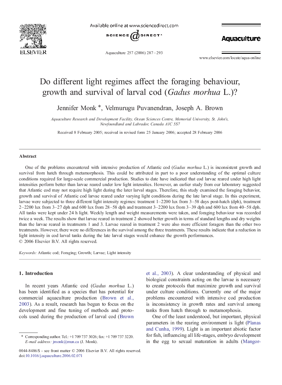 Do different light regimes affect the foraging behaviour, growth and survival of larval cod (Gadus morhua L.)?