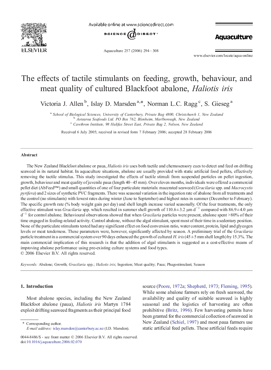 The effects of tactile stimulants on feeding, growth, behaviour, and meat quality of cultured Blackfoot abalone, Haliotis iris