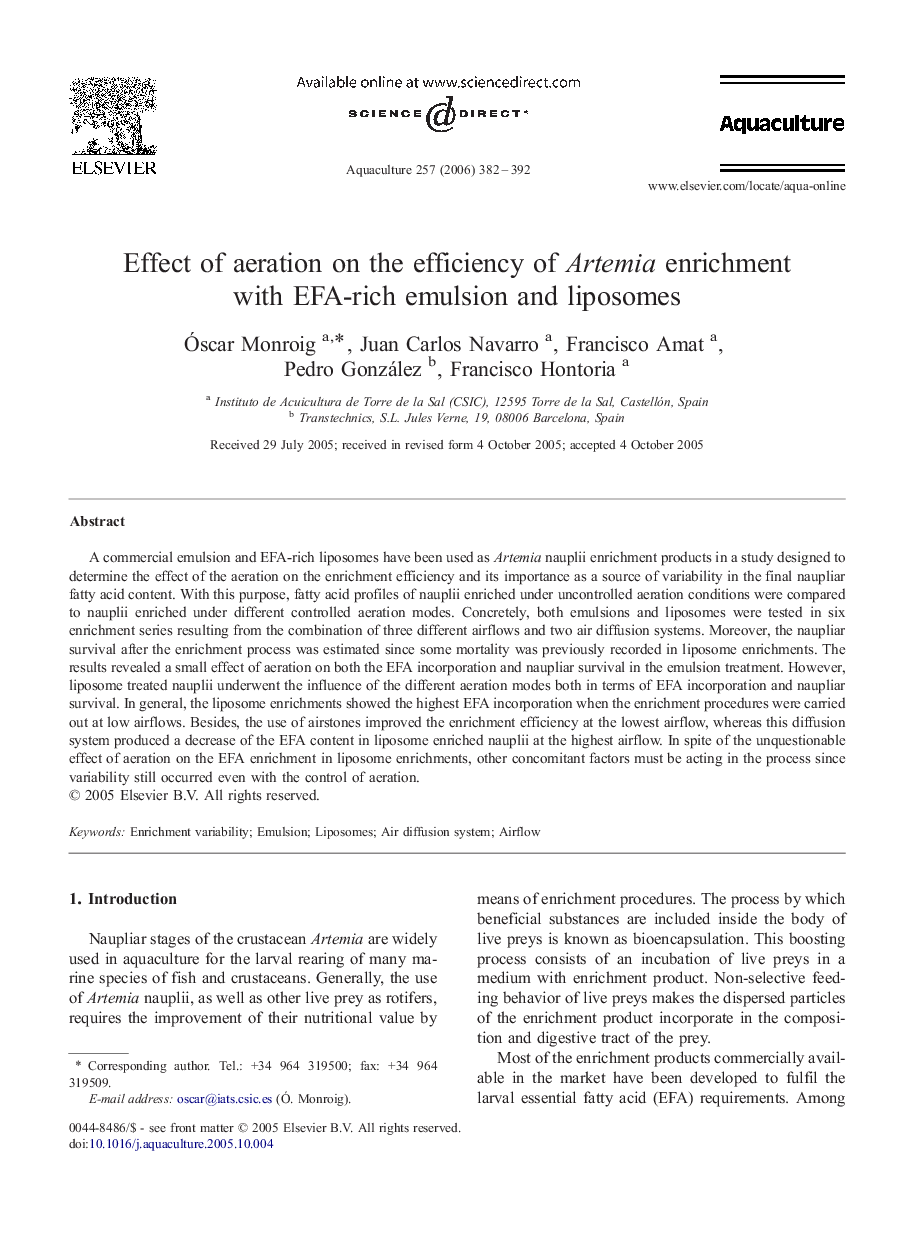 Effect of aeration on the efficiency of Artemia enrichment with EFA-rich emulsion and liposomes