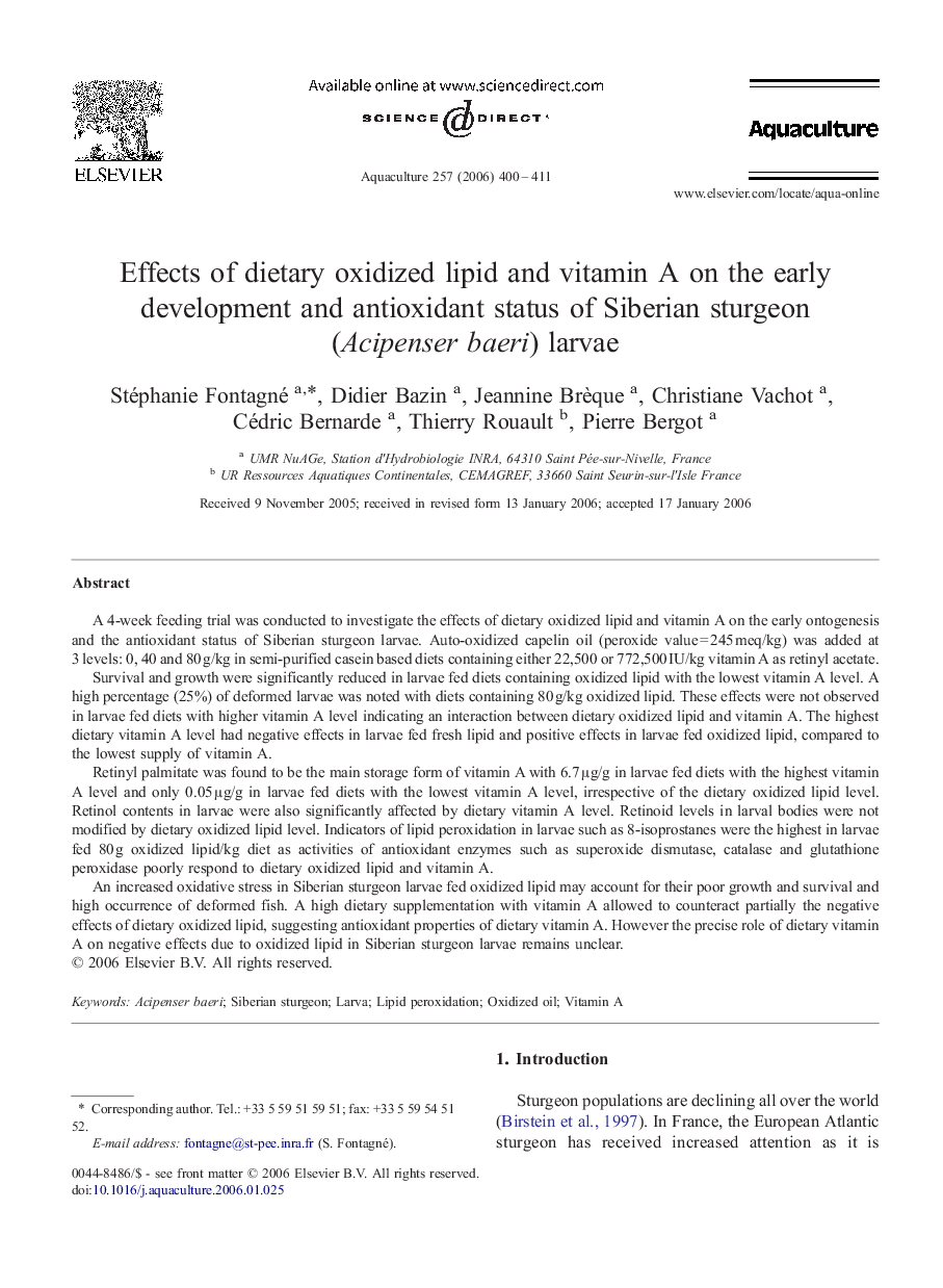 Effects of dietary oxidized lipid and vitamin A on the early development and antioxidant status of Siberian sturgeon (Acipenser baeri) larvae