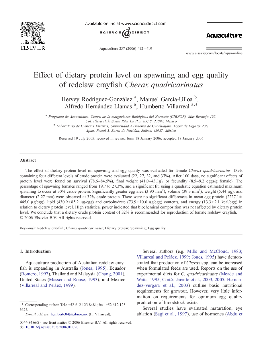 Effect of dietary protein level on spawning and egg quality of redclaw crayfish Cherax quadricarinatus