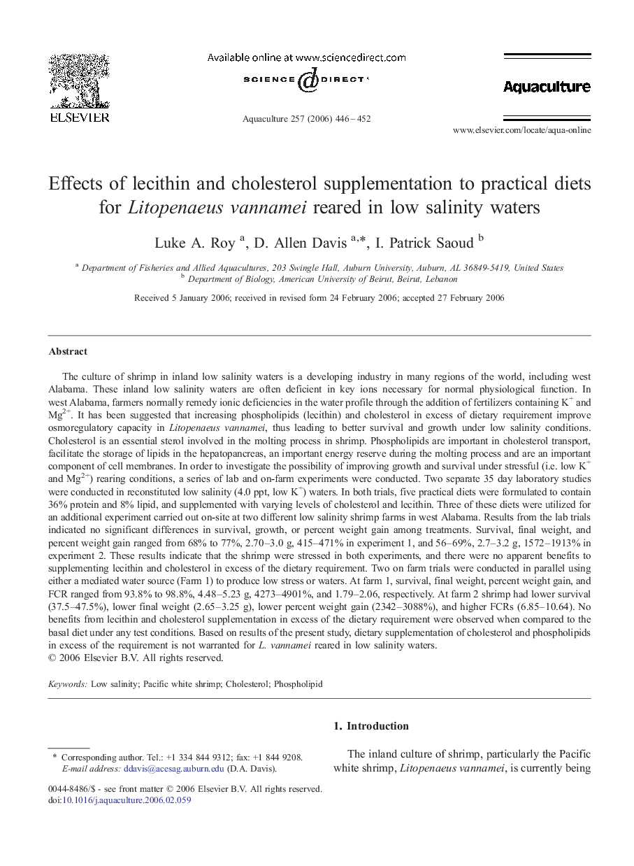 Effects of lecithin and cholesterol supplementation to practical diets for Litopenaeus vannamei reared in low salinity waters