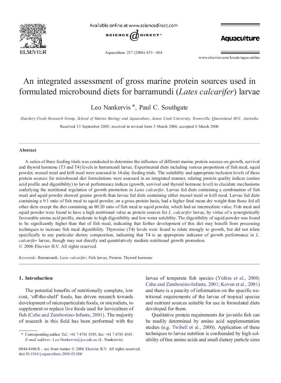 An integrated assessment of gross marine protein sources used in formulated microbound diets for barramundi (Lates calcarifer) larvae