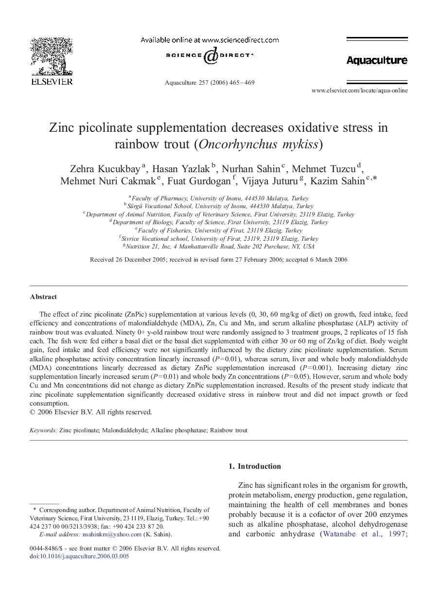 Zinc picolinate supplementation decreases oxidative stress in rainbow trout (Oncorhynchus mykiss)