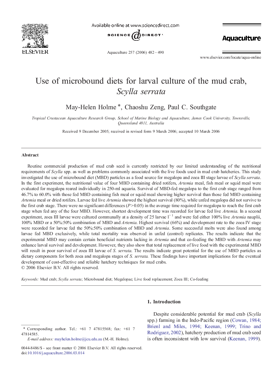 Use of microbound diets for larval culture of the mud crab, Scylla serrata