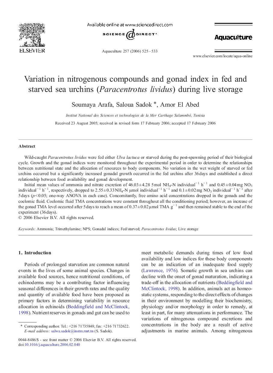 Variation in nitrogenous compounds and gonad index in fed and starved sea urchins (Paracentrotus lividus) during live storage