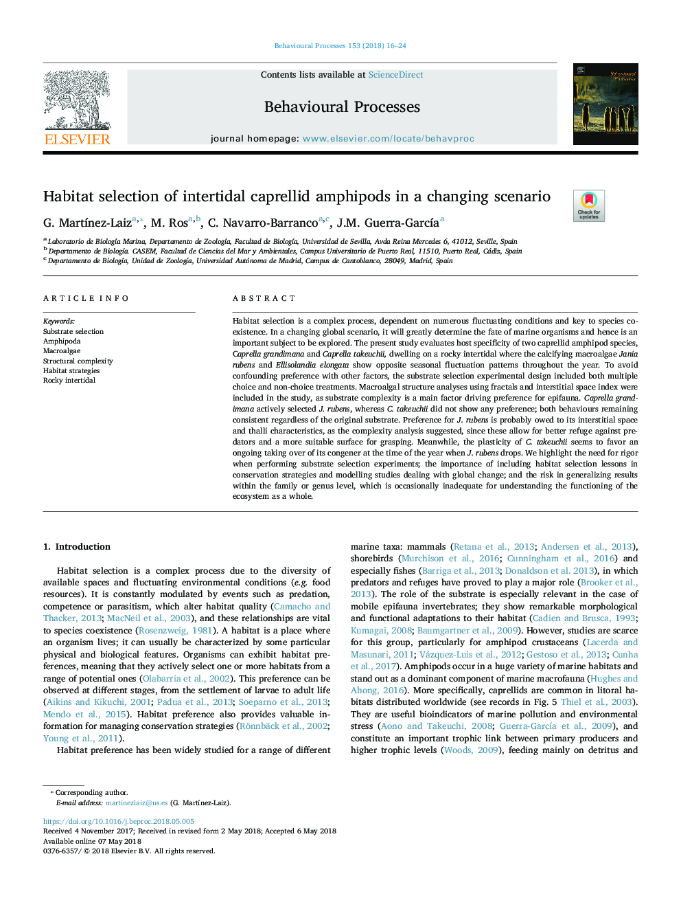 Habitat selection of intertidal caprellid amphipods in a changing scenario