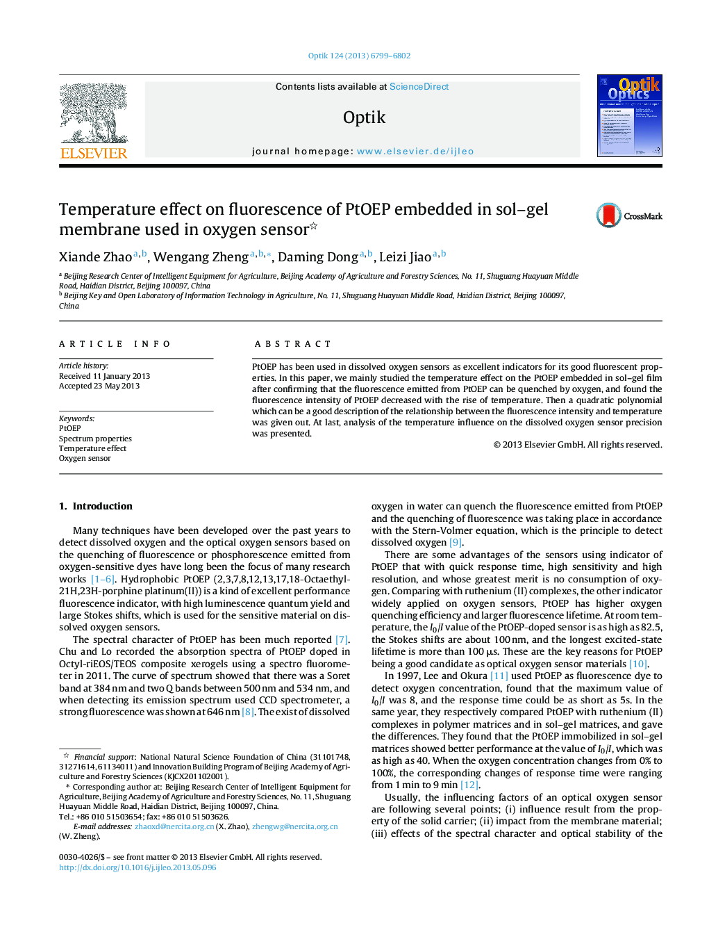 Temperature effect on fluorescence of PtOEP embedded in sol–gel membrane used in oxygen sensor 