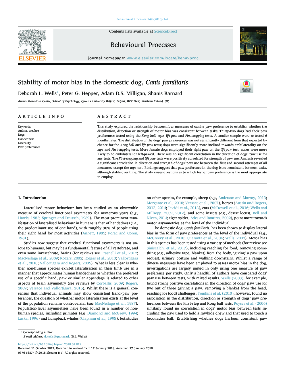 Stability of motor bias in the domestic dog, Canis familiaris