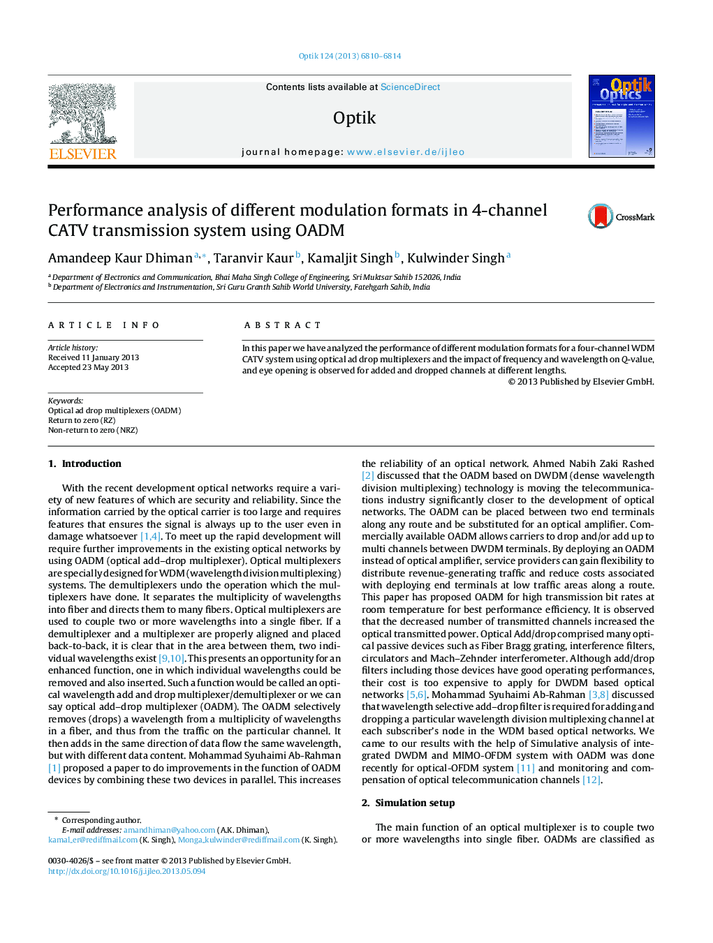 Performance analysis of different modulation formats in 4-channel CATV transmission system using OADM