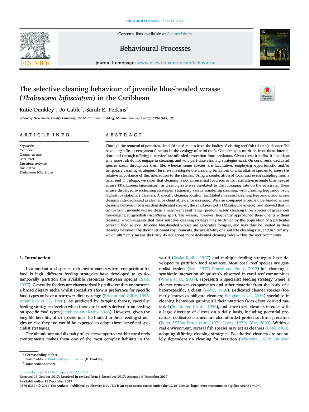 The selective cleaning behaviour of juvenile blue-headed wrasse (Thalassoma bifasciatum) in the Caribbean