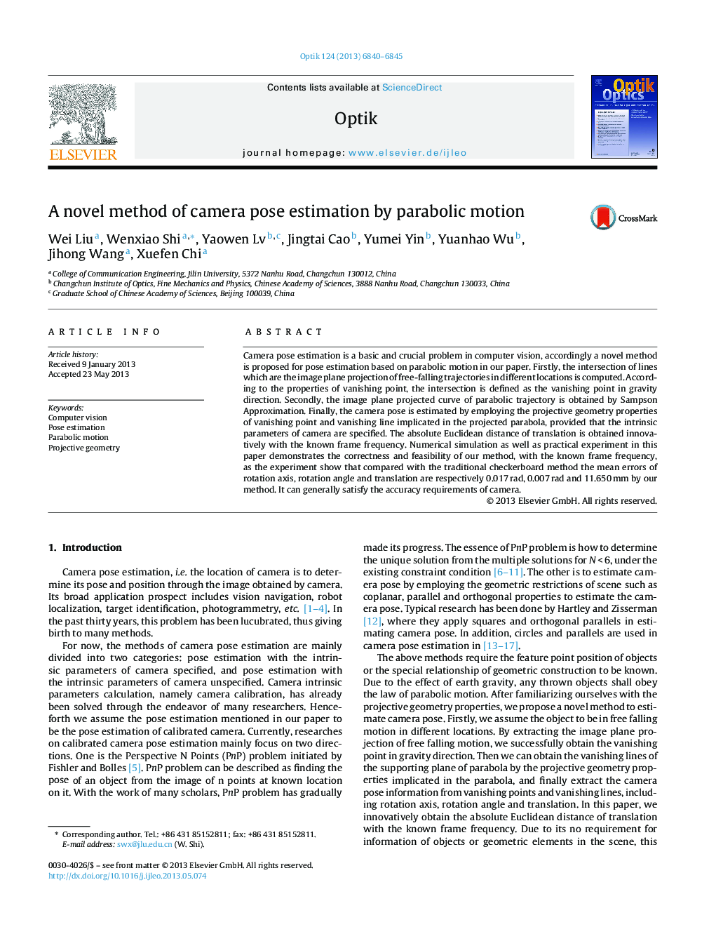 A novel method of camera pose estimation by parabolic motion