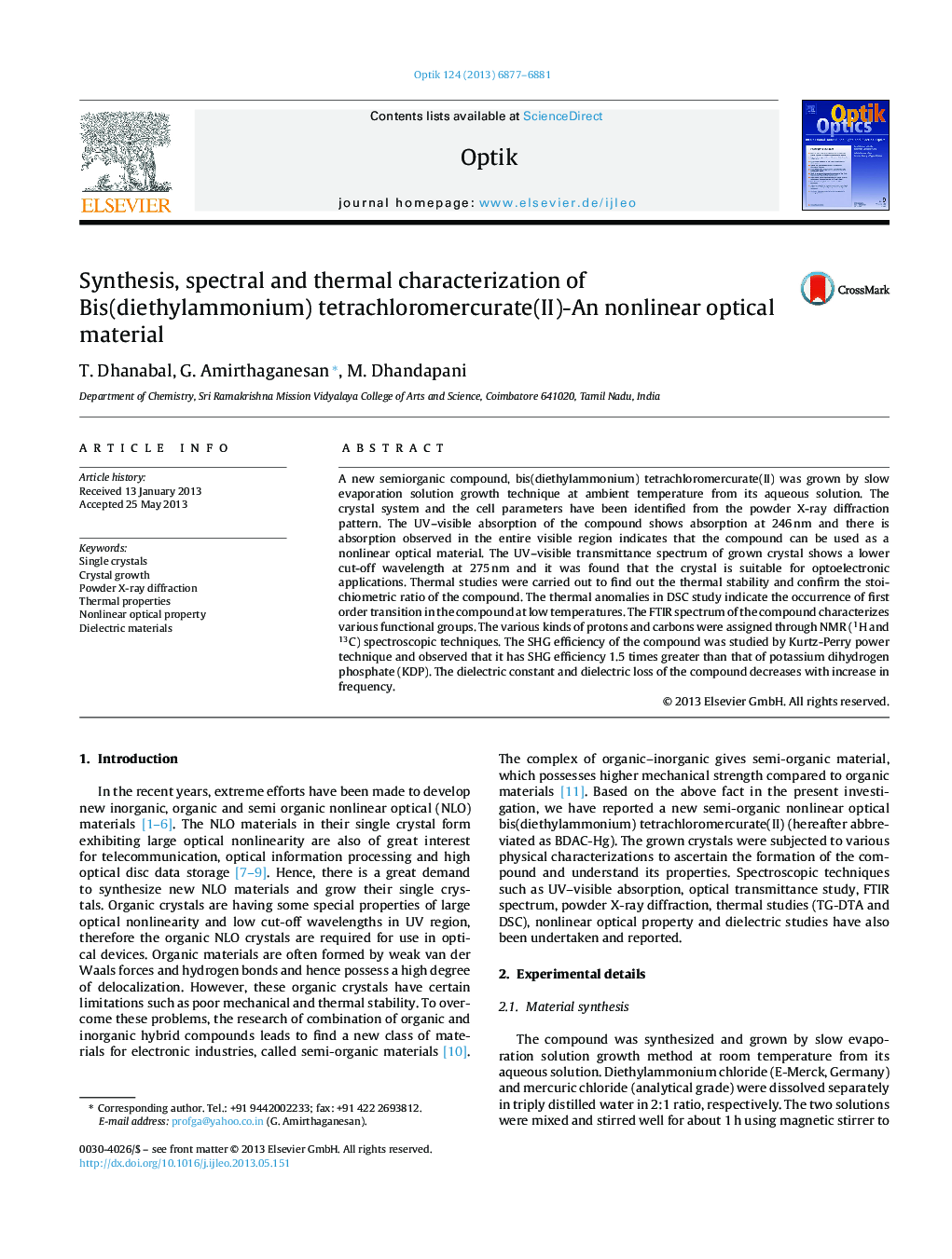 Synthesis, spectral and thermal characterization of Bis(diethylammonium) tetrachloromercurate(II)-An nonlinear optical material