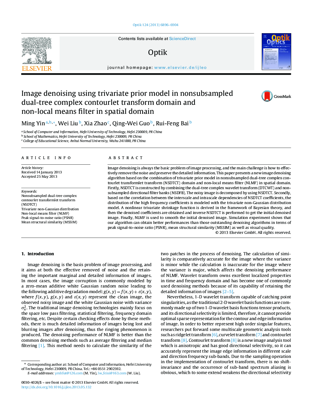 Image denoising using trivariate prior model in nonsubsampled dual-tree complex contourlet transform domain and non-local means filter in spatial domain