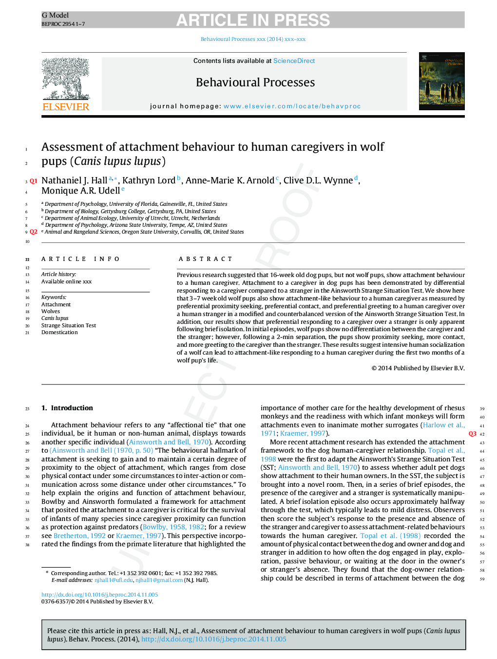 Assessment of attachment behaviour to human caregivers in wolf pups (Canis lupus lupus)