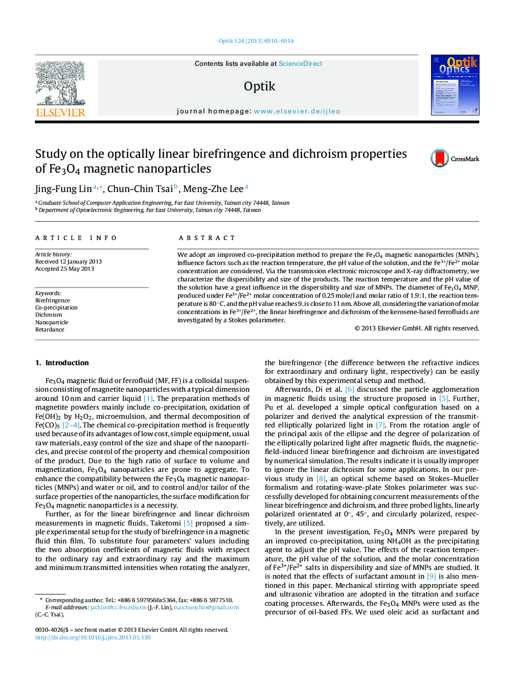 Study on the optically linear birefringence and dichroism properties of Fe3O4 magnetic nanoparticles