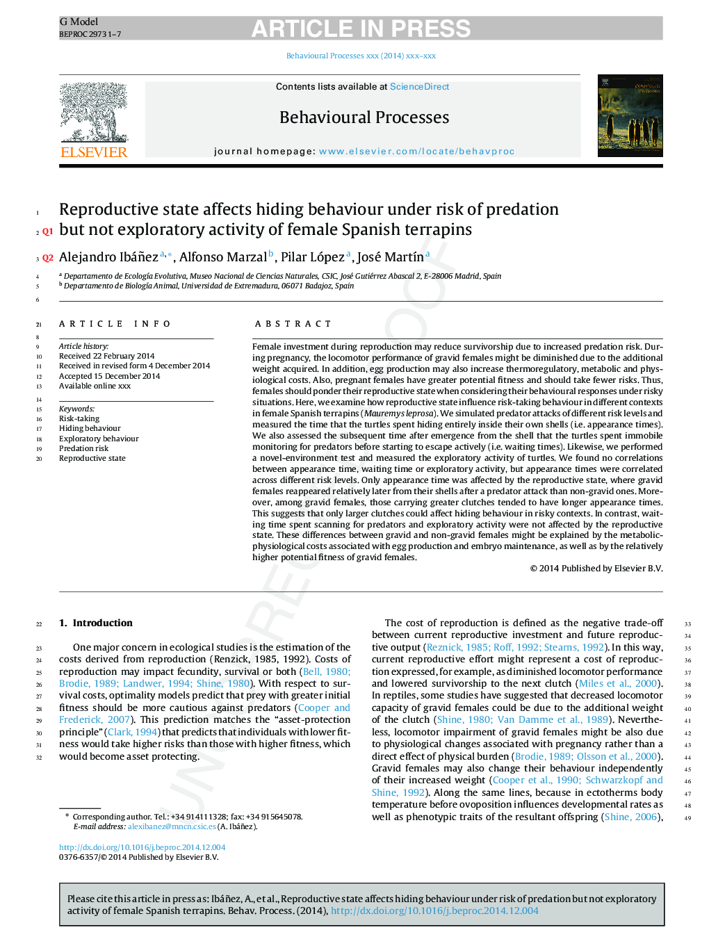 Reproductive state affects hiding behaviour under risk of predation but not exploratory activity of female Spanish terrapins