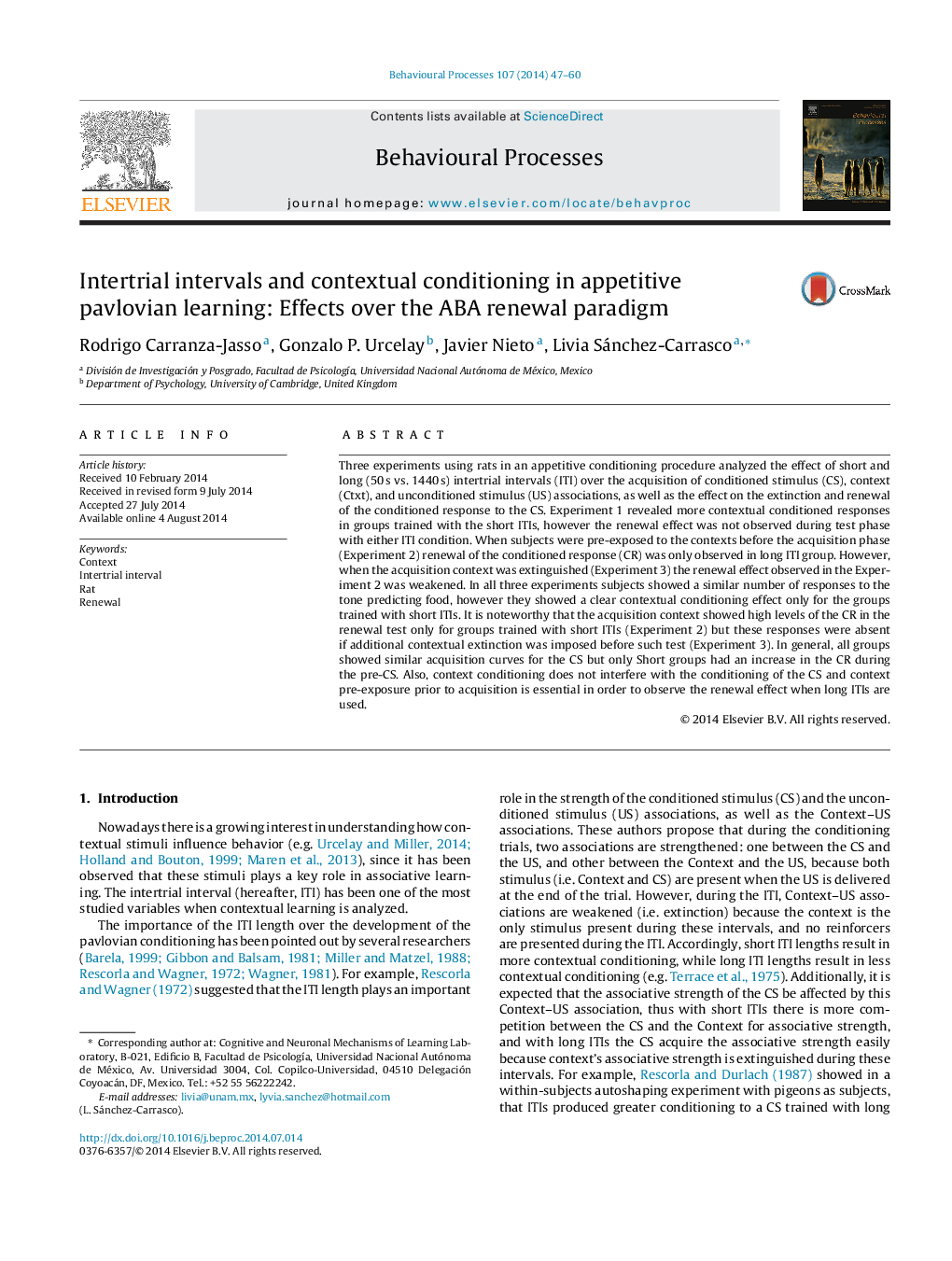 Intertrial intervals and contextual conditioning in appetitive pavlovian learning: Effects over the ABA renewal paradigm